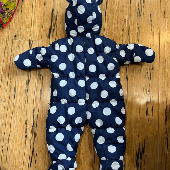 Snowsuit Polka Dot Navy with ruffle detail and ears on hood - Picture 9 of 9
